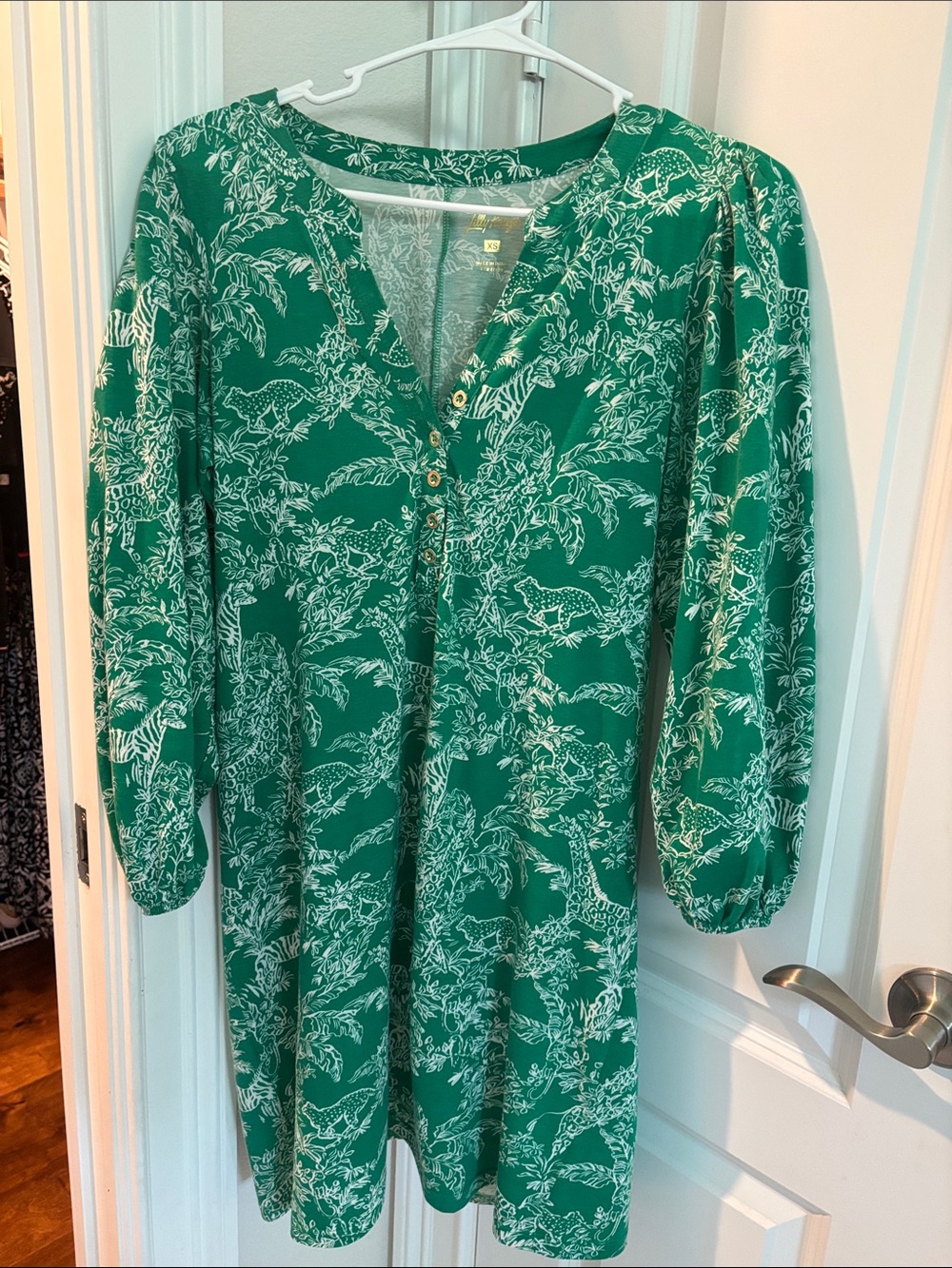 Lilly Pulitzer Green & White Printed V-Neck Long Sleeve Dress